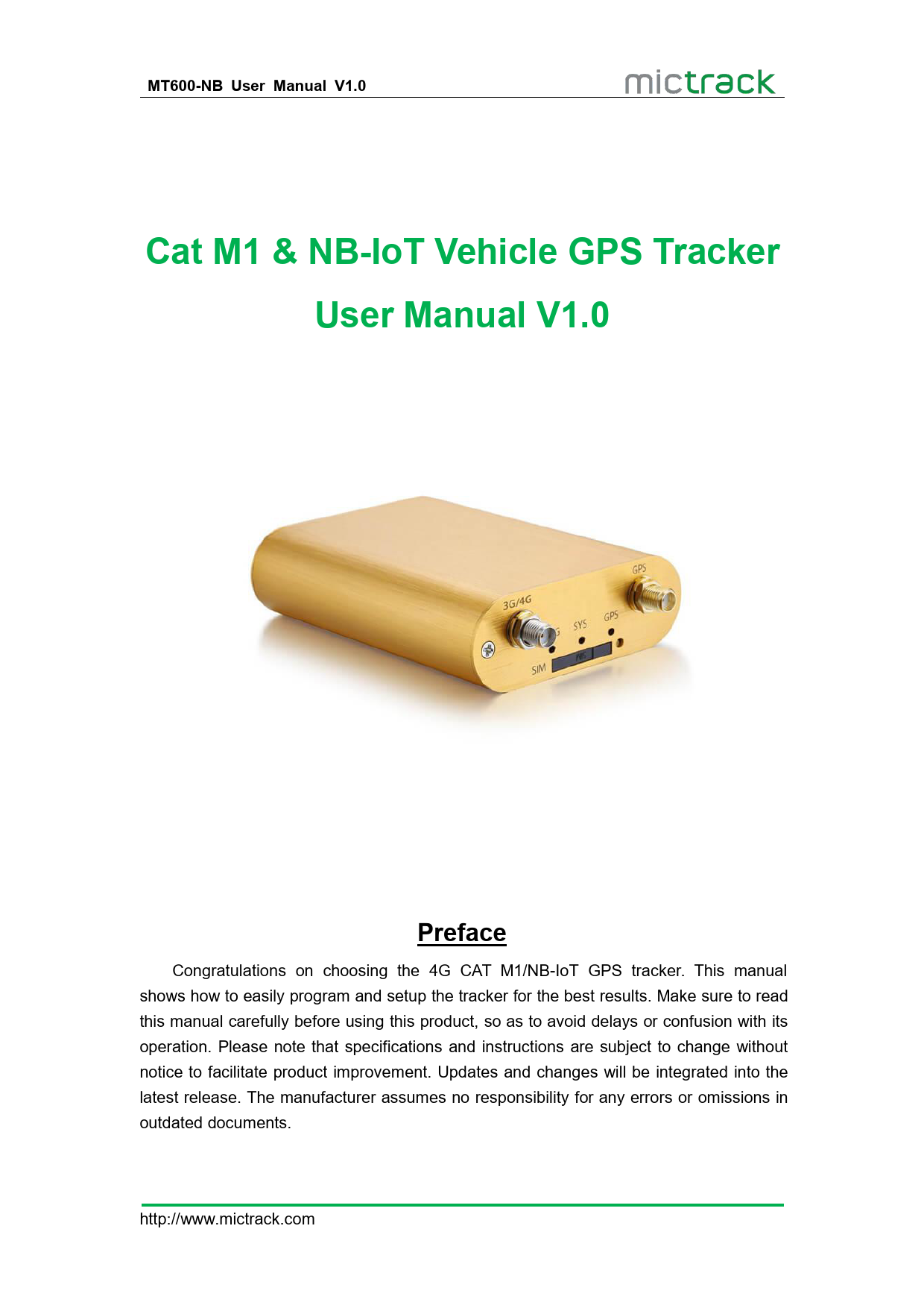 First page of [PDF] Cat M1 & NB-IoT Vehicle GPS Tracker User Manual V1.0 - Mictrack