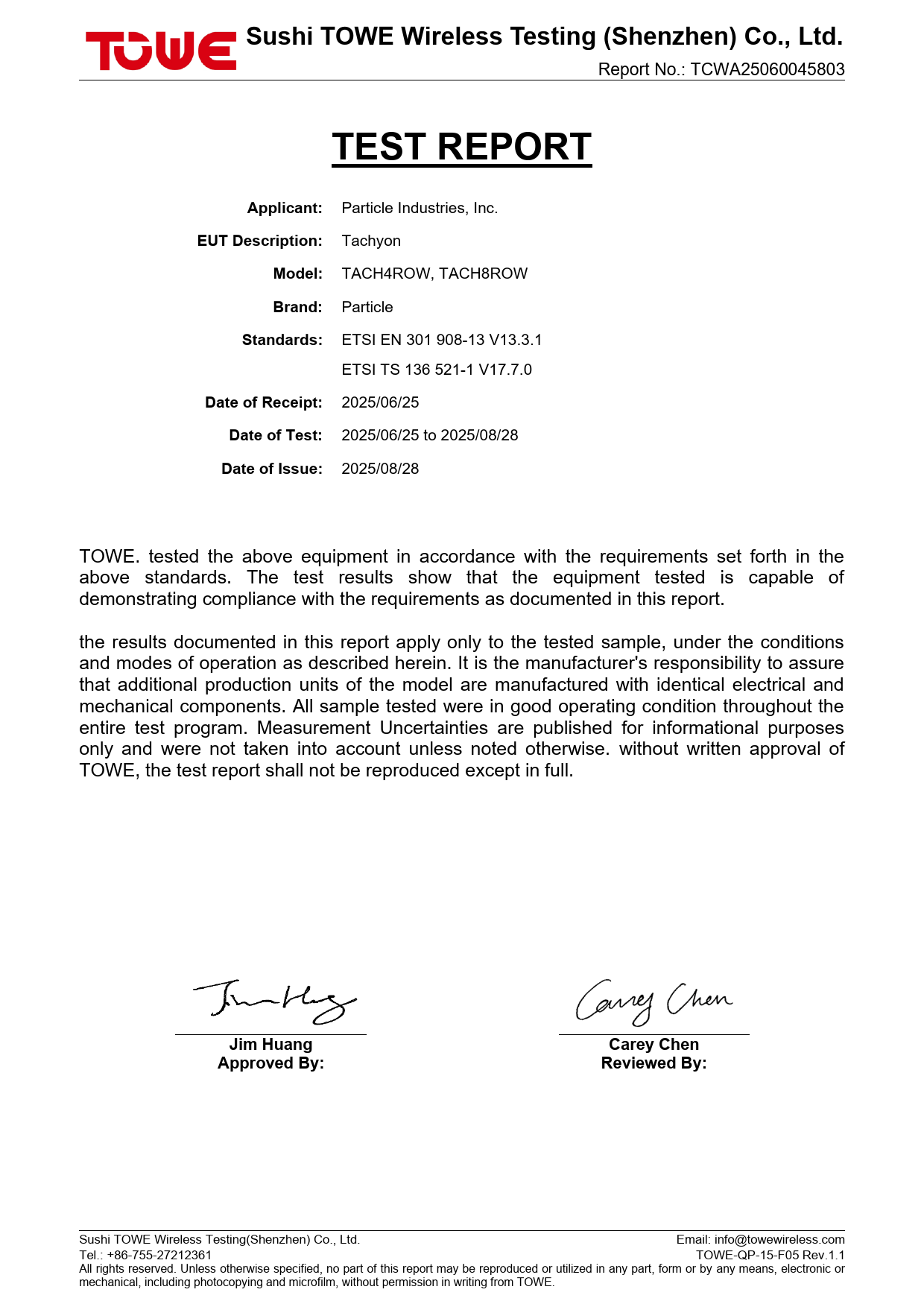 First page of EN 301 908-13 Test Report