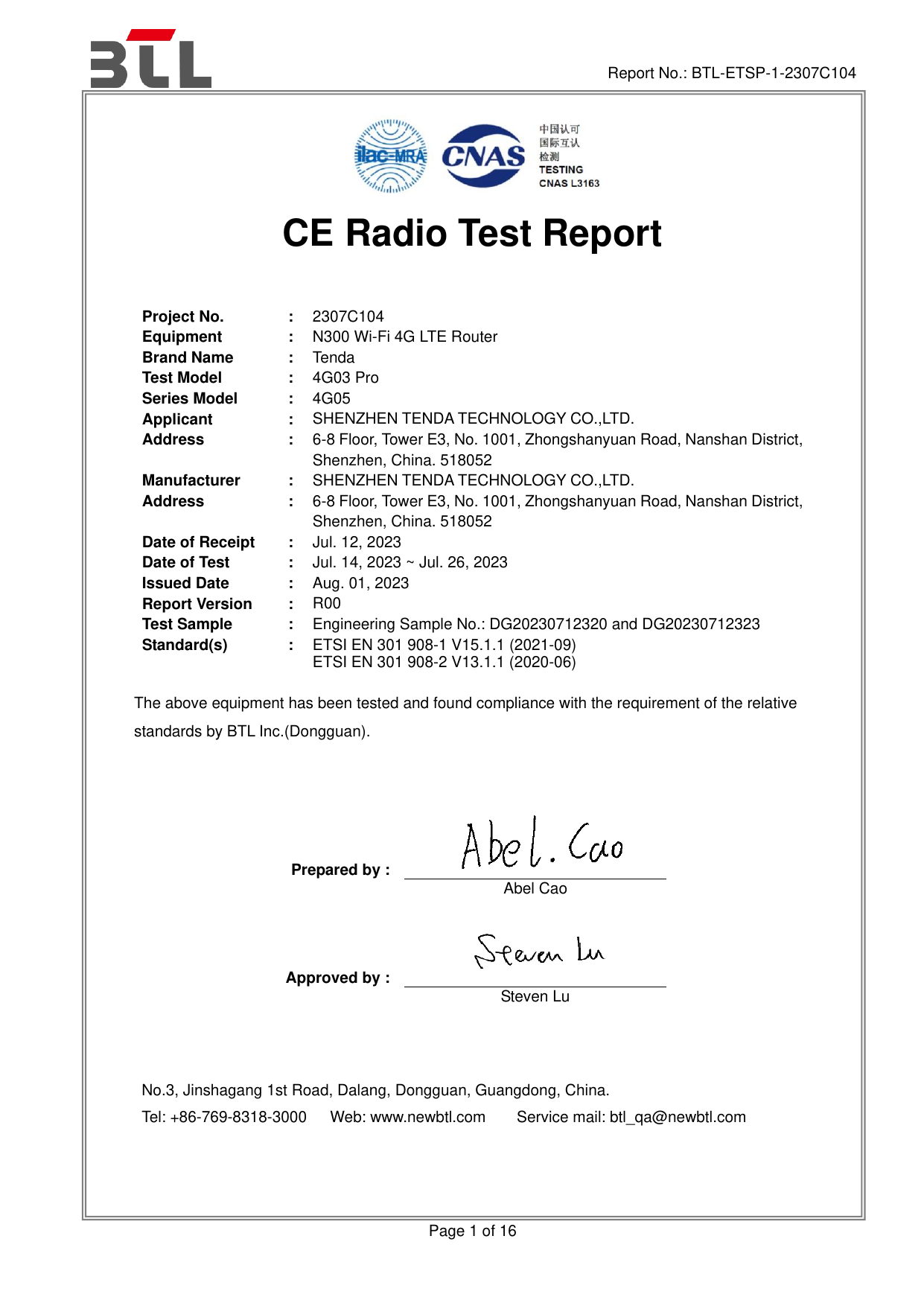First page of CE/BTL-ETSP-1-2307C104_WCDMA Band I_VIII R00.pdf CE Certifikace (Certificate of conformity)