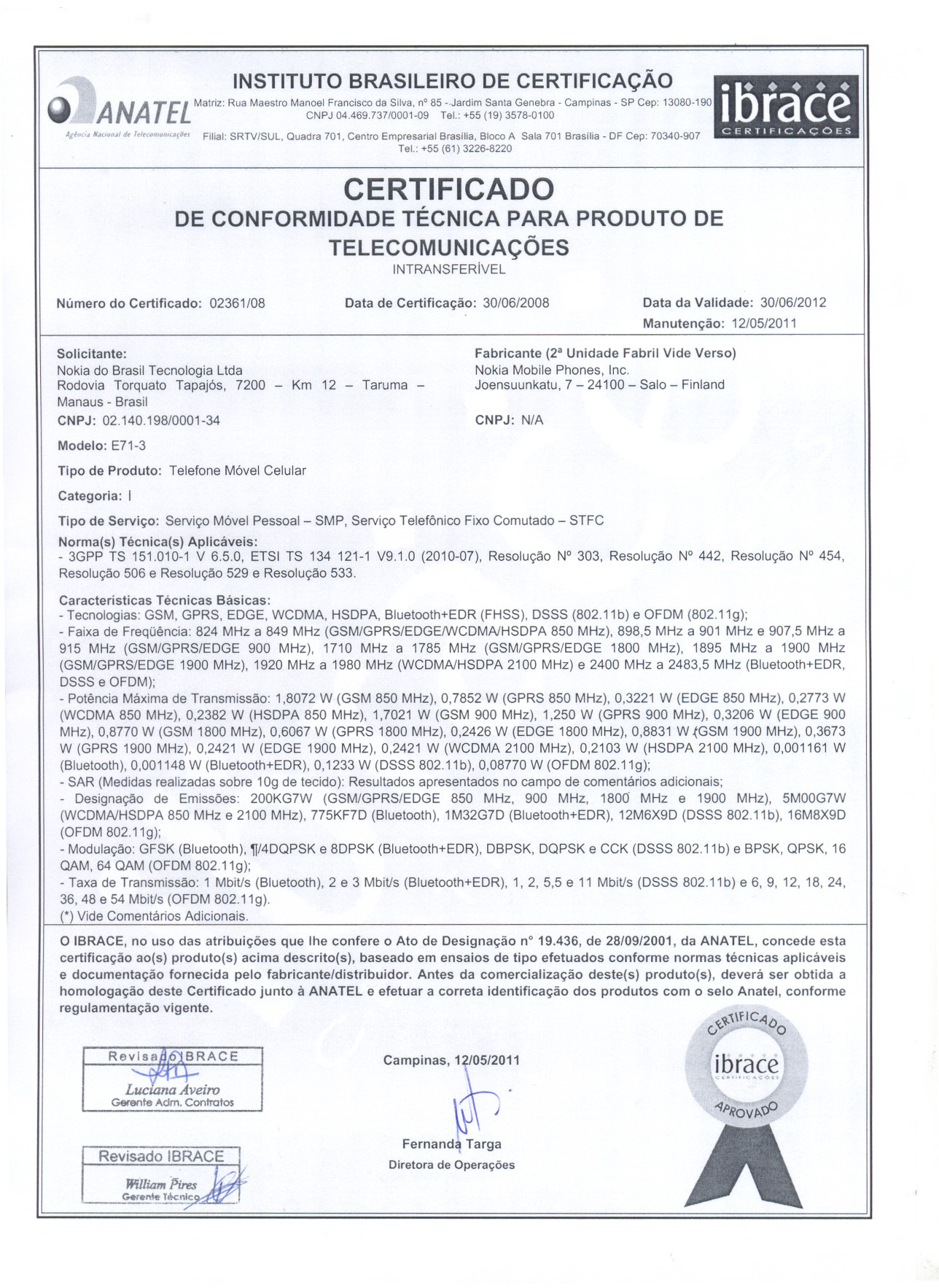 First page of Certificado de Conformidade Técnica M3