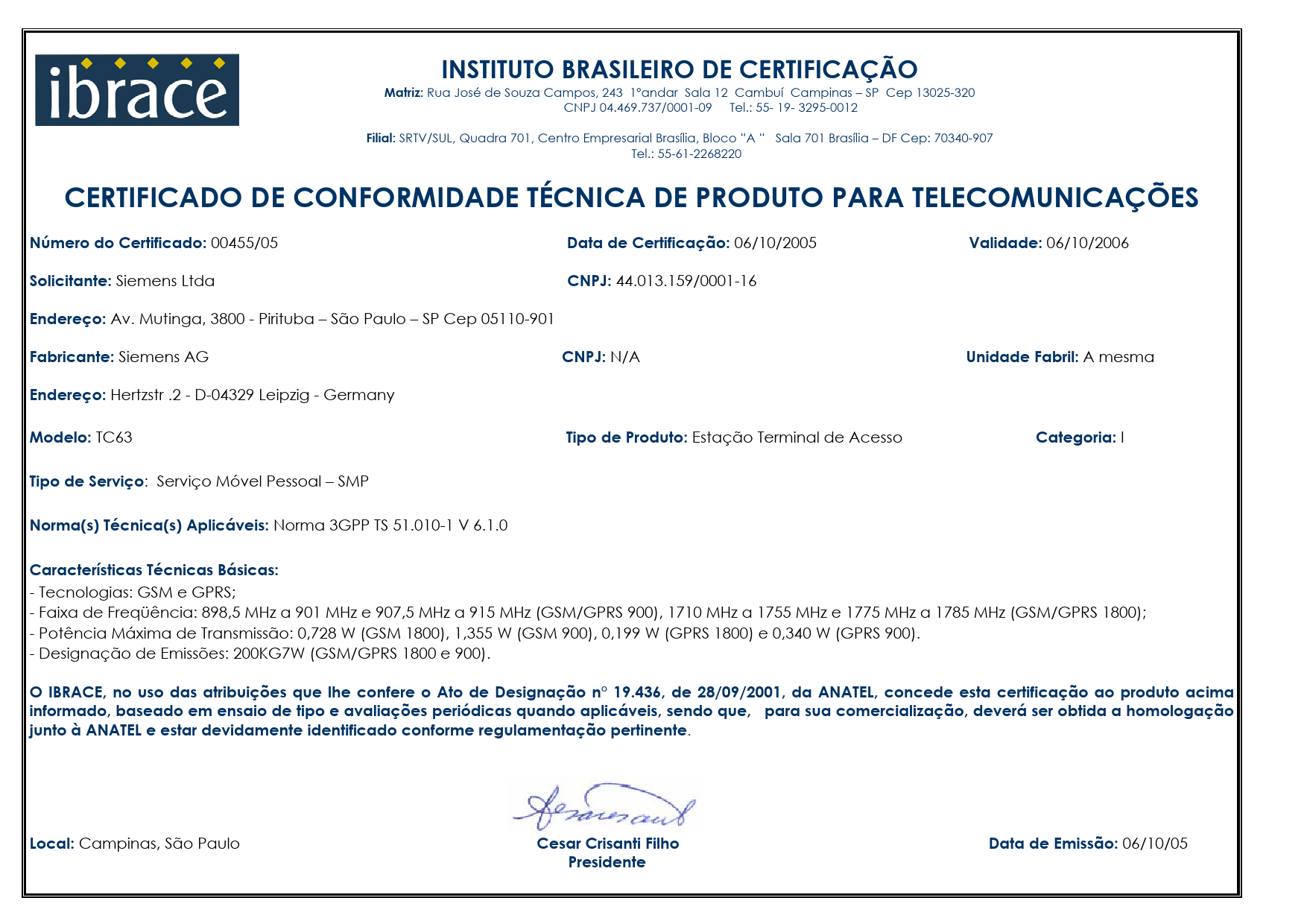 First page of Certificado de Conformidade Técnica