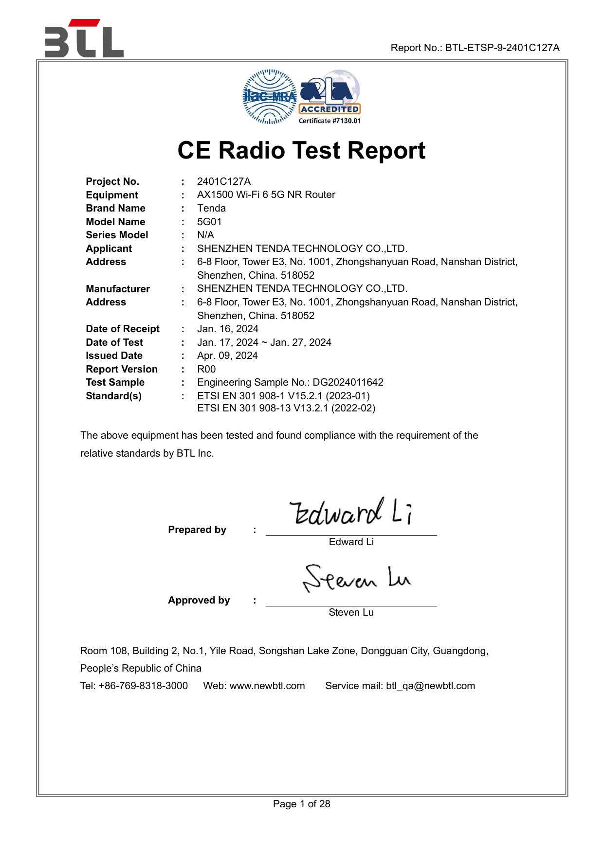 First page of CE 5G01/BTL-ETSP-9-2401C127A_301 908 LTE Band 5&41 R00.pdf CE Certifikace (Certificate of conformity)
