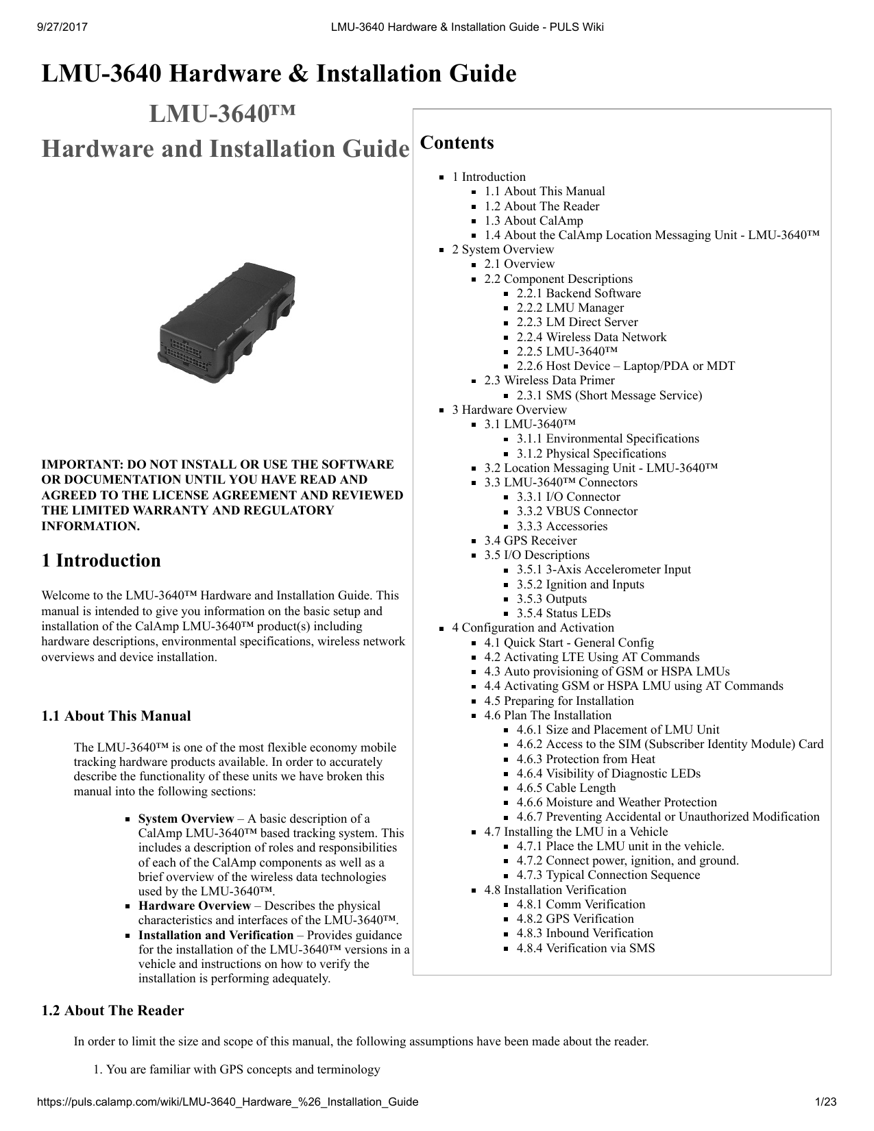 First page of [PDF] LMU-3640 Hardware & Installation Guide - PULS Wiki - Amazon S3