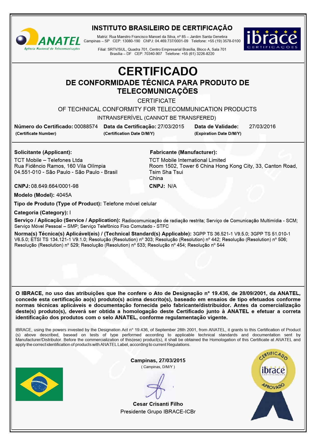 First page of Certificado de Conformidade Técnica