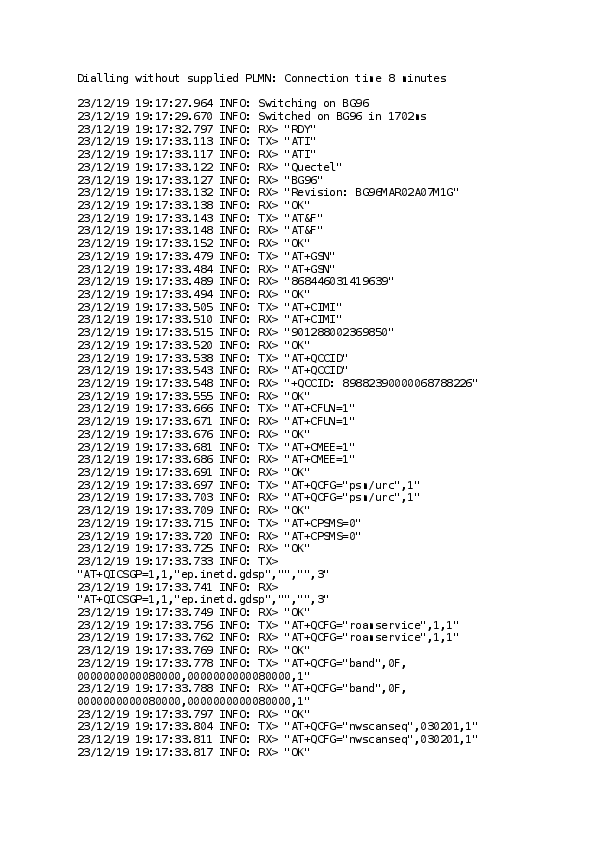 First page of Dialling without supplied PLMN: Connection time 8 minutes