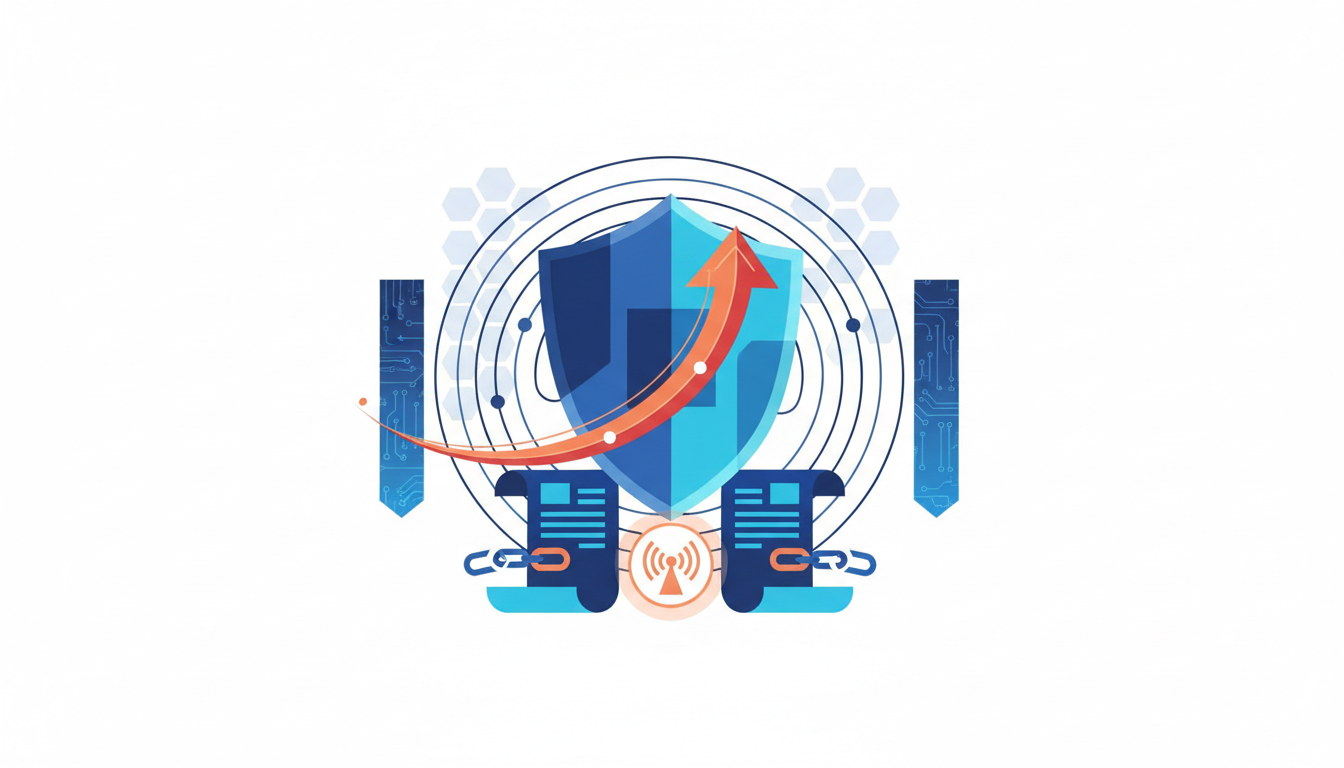 An illustration depicting a central shield icon, representing security, flanked by two stylized document icons with chain links, symbolizing regulatory documents and their interconnectedness. Behind the shield, concentric circles suggest network signals or radio waves, with subtle hexagonal patterns in the background. An upward-curving orange arrow with a data flow motif overlays the shield, indicating progress or defense. The color palette is dominated by blues and cyans, with warm orange accents for emphasis.