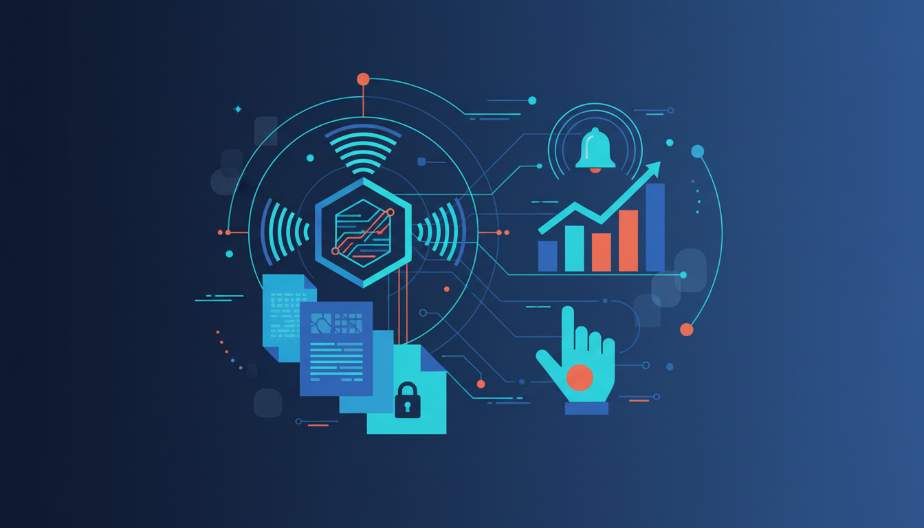 An illustration on a dark blue background depicts a central hexagonal shape with a network of lines and symbols emanating from it. The hexagon contains a stylized graph and radio wave symbols, representing communication and data. To the left, there are document icons, one with a lock symbol, indicating security and regulation. To the right, a bar graph with an upward arrow suggests modernization and improvement, topped by a bell icon symbolizing alerts. A hand cursor points towards the graph, implying interaction or control. The color palette consists of navy, various shades of blue, cyan, and warm orange accents.