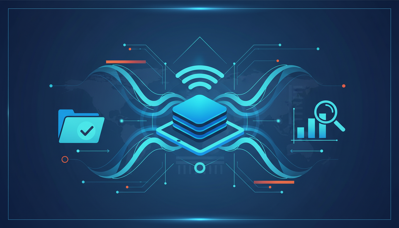 A digital illustration on a dark blue background depicts a central, glowing blue data server or network hub, surrounded by flowing, wave-like patterns in lighter shades of blue and cyan, suggesting data or radio waves. On the left, a folder icon with a checkmark signifies documentation and compliance. On the right, a magnifying glass over a bar graph represents analysis and regulation. Subtle circuit board lines and small, glowing dots connect these elements, emphasizing a network or regulatory framework. The overall color scheme is restrained, using blues and cyans with minimal orange accents.