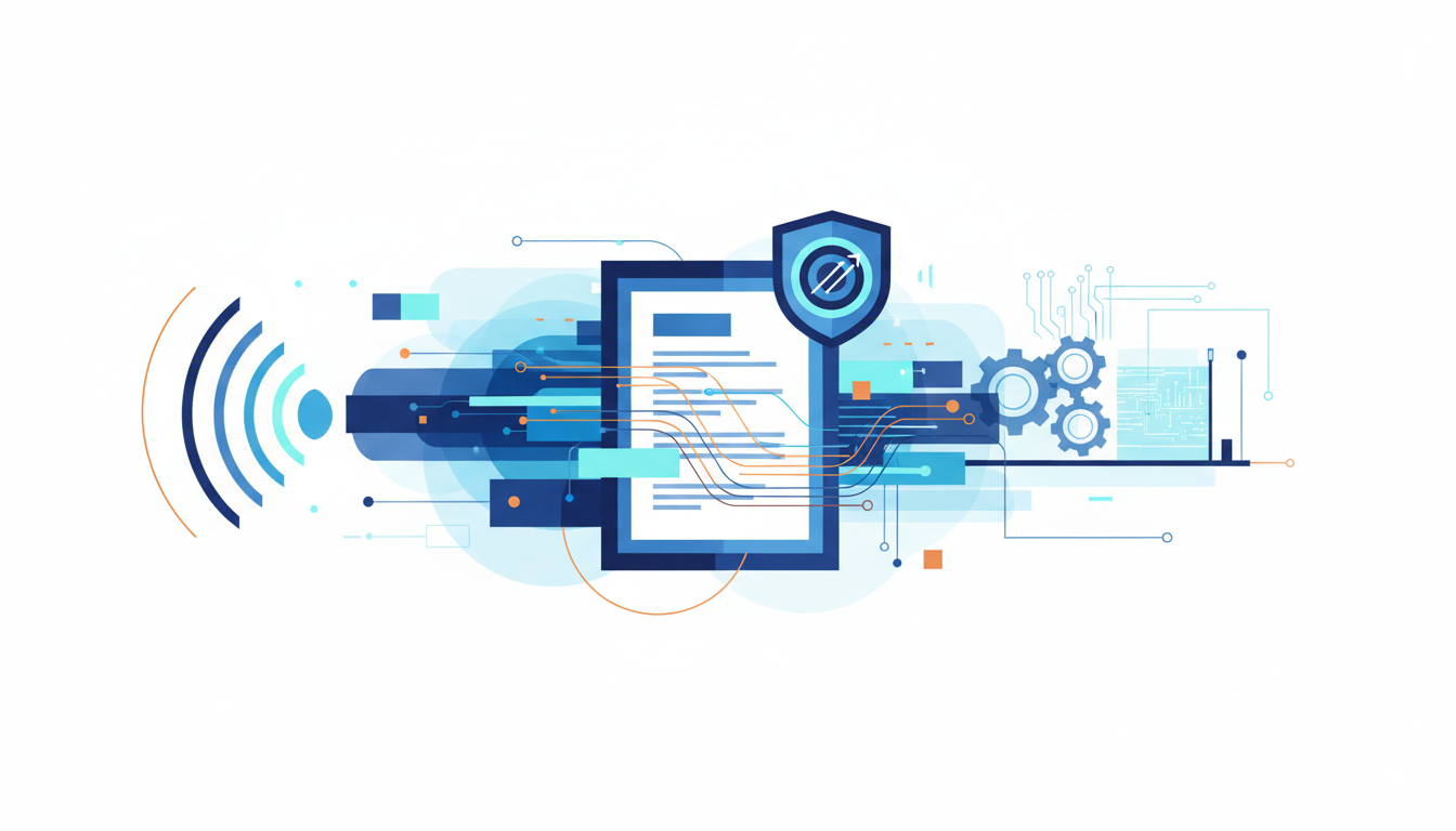 Here is an editorial illustration for your FCC regulatory article: A conceptual illustration depicting a document with a shield overlay, surrounded by abstract representations of radio waves, network connections, and gears, all in a palette of blues, cyan, and warm orange accents.
