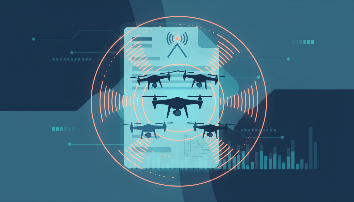 Here's an illustration for your article: A conceptual illustration depicting a document with an antenna icon at the top, representing FCC regulations. Five drone silhouettes are arranged on the document, symbolizing the exempted batch. A circular radio wave pattern emanates from the center, suggesting communication and spectrum. The background features subtle network lines and a bar graph, hinting at data and compliance. The color scheme is dominated by navy, blue, and cyan, with warm orange accents for the radio waves.