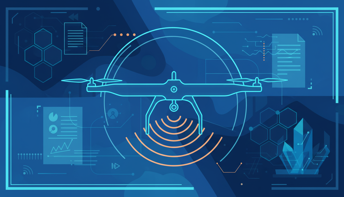 A clean, conceptual editorial illustration in shades of navy, blue, and cyan, with warm orange accents. The central image is a stylized outline of a drone, with radio waves emanating from its underside. Surrounding the drone are various abstract motifs representing technology, data, and regulation: hexagonal patterns, network connections, document icons, charts, and a subtle crystalline structure, all integrated into a cohesive, non-alarmist design.