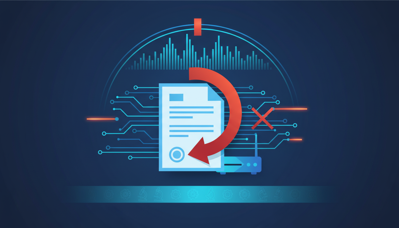 An illustration depicting a document with a red arrow curving around it, pointing downwards towards a stylized router. Above the document and router is a semi-circular graphic representing radio waves or spectrum, with a red "X" blocking a portion of it. The background is a dark blue with subtle circuit board patterns and warm orange accents, suggesting a network or laboratory environment.