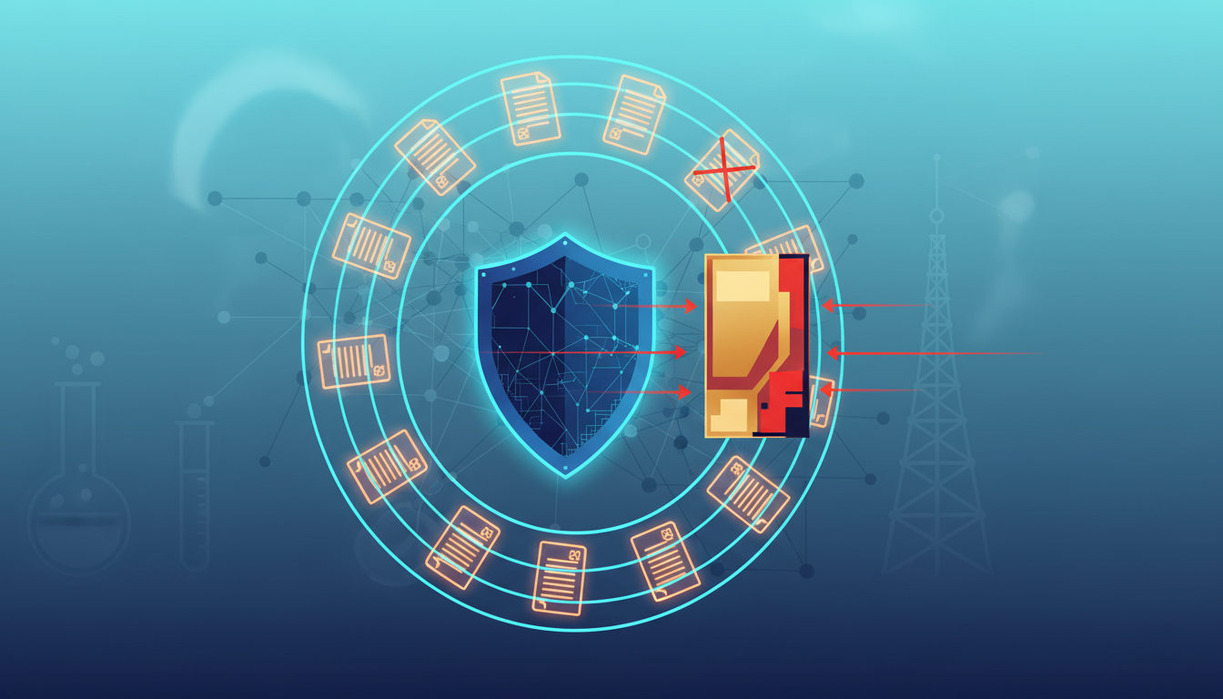 Here's an editorial illustration for your article: An illustration depicting a central shield icon, representing security or regulation. Surrounding the shield is a circular arrangement of document icons, some with checkmarks and some with an 'X' indicating rejection. On the right, a stylized router-like device is shown with red lines extending from it towards the shield, suggesting data flow or regulatory interaction. In the background, subtle outlines of a radio tower, network connections, and laboratory glassware are visible, all rendered in shades of blue, cyan, and navy, with warm signal accents.