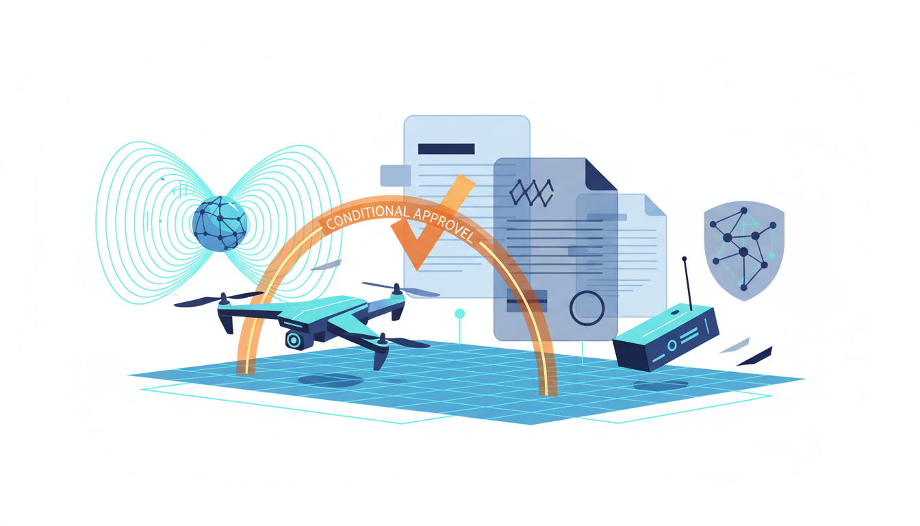A clean, conceptual editorial illustration for an FCC regulatory article. The image features a stylized drone, a remote control, and several documents with checkmarks, all rendered in a palette of navy, blue, cyan, and warm signal accents. Subtle radio wave patterns emanate from a spherical object, and a shield icon with a network motif is present. An orange arch with the words "CONDITIONAL APPROVAL" spans over the drone. The overall composition is visually factual and avoids alarmist imagery, logos, or legible text.