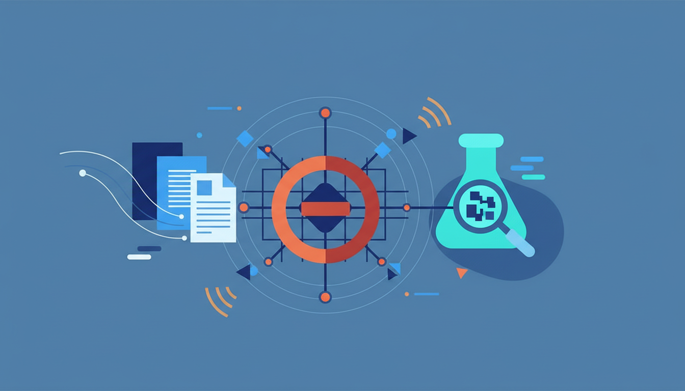 An illustration in shades of blue and orange, depicting a central hub with radiating lines connecting to various icons representing documents, a magnifying glass over a flask, and subtle radio wave signals.