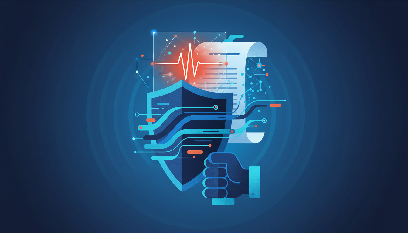 An illustration in shades of navy and blue, with accents of cyan and warm orange. A stylized shield is at the center, representing defense and security. Behind the shield, a heart-rate monitor line pulses in red, suggesting a critical or vital issue. Abstract lines and dots, reminiscent of network connections or data flow, emanate from and surround the shield, some extending towards a stylized document or brief on the right. A hand is subtly integrated into the lower right, appearing to support or present the document. The overall image conveys themes of regulation, security, and legal process without depicting specific devices or alarming imagery.