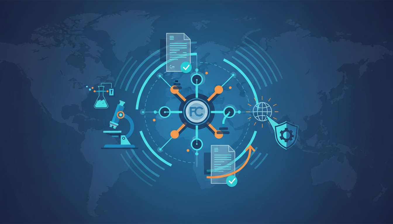Here's an editorial illustration for your FCC regulatory article: A conceptual illustration on a dark blue world map background. In the center, a stylized "FC" (representing FCC) is surrounded by a circular network of interconnected icons. These icons include: documents with checkmarks, a microscope, a flask, a globe with a shield, and radiating signal waves. The color scheme is primarily navy and blue, with accents of cyan and warm orange. The overall impression is one of regulation, testing, and global communication integrity.