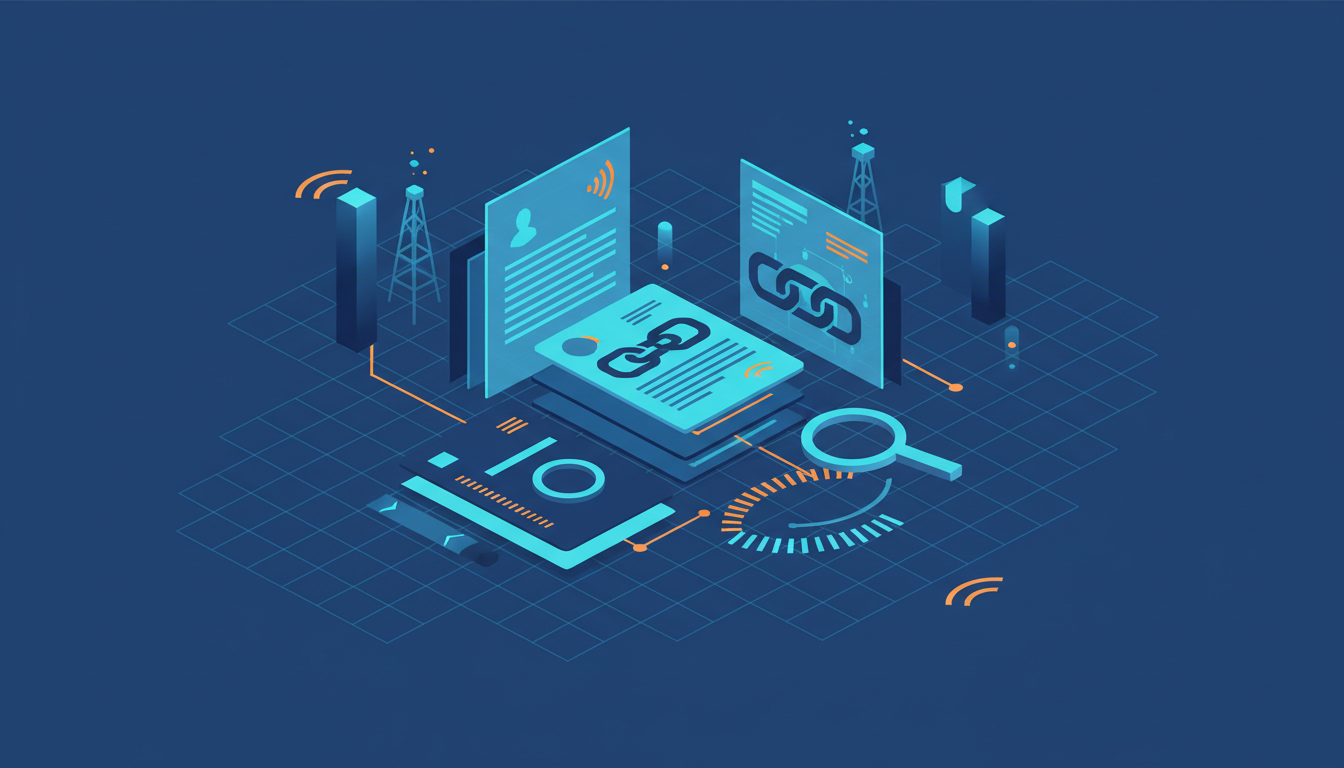 An isometric illustration features documents with chain link icons, representing supply chain security and regulation. The documents are surrounded by elements suggesting data, networks, and radio waves, all rendered in a palette of navy, blue, cyan, and warm orange accents.