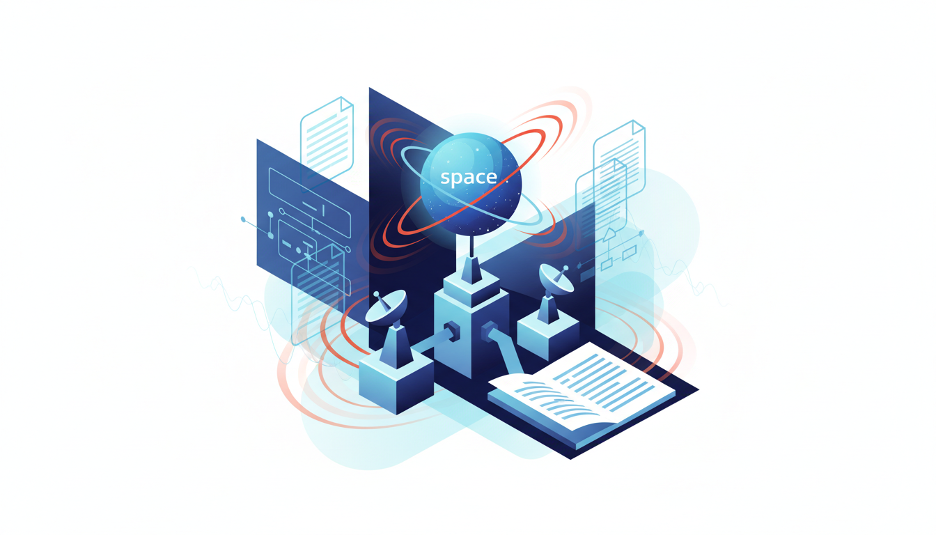 An isometric illustration depicting a stylized globe labeled "space" with orbiting rings, flanked by two satellite dishes and a network of interconnected digital documents and data streams, all rendered in a color palette of navy, blue, and cyan with warm signal accents.