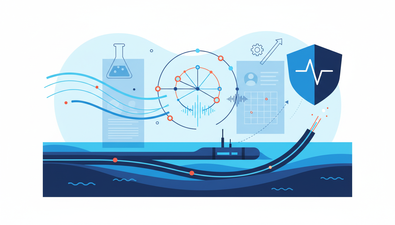 Here's an illustration for your FCC regulatory article:

An illustration depicting a submarine cable extending from the ocean floor towards the surface, connecting to various abstract elements representing regulation, technology, and data. The color palette is dominated by blues and cyans, with warm signal accents.