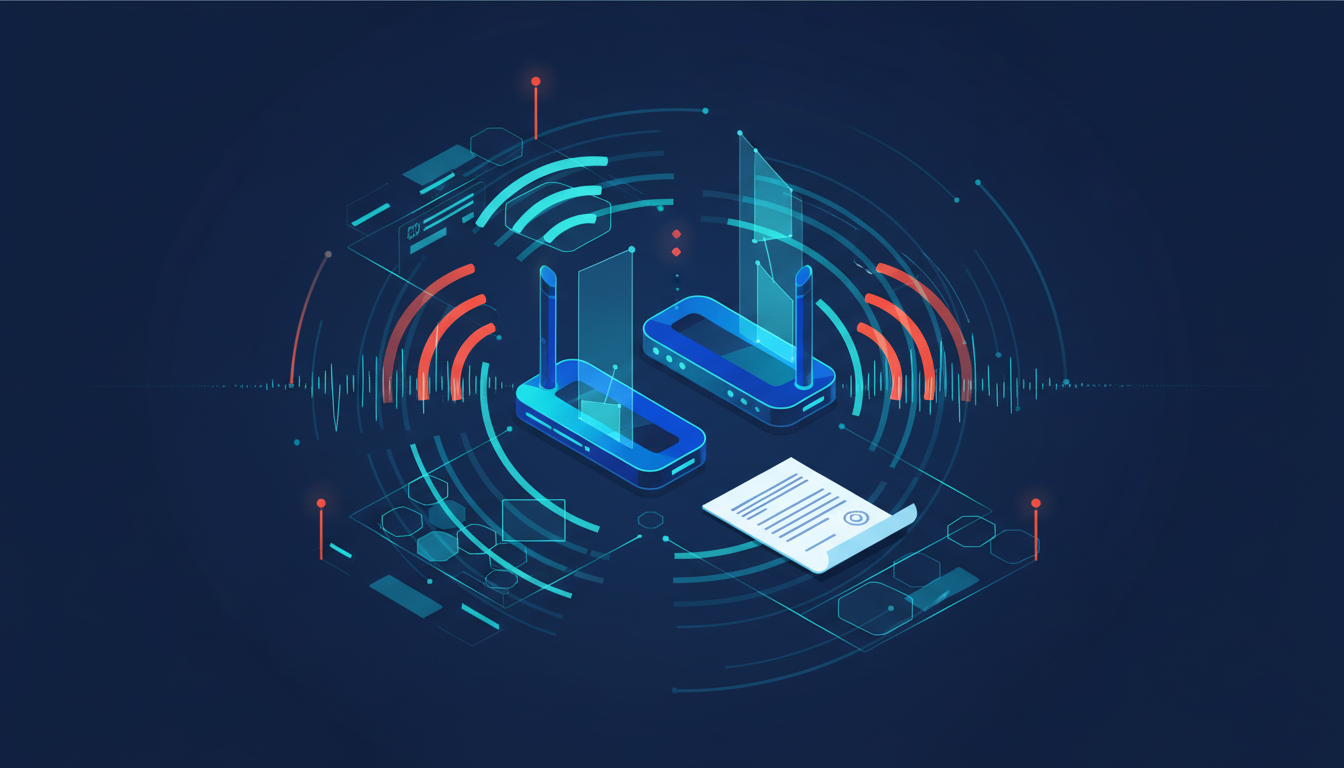An editorial illustration depicting two stylized network routers with subtle radio wave and network motifs in shades of blue and cyan, accented with warm signal highlights. A document with a seal lies in the foreground.