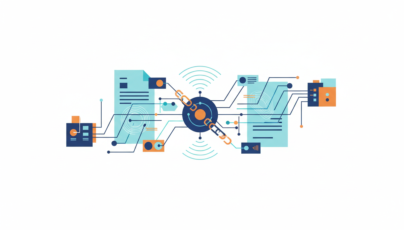 Here's an illustration for your article: An abstract illustration depicting a central, stylized router-like disc with radiating radio waves, connected by lines and dots to various document-like shapes and network components. The color palette is primarily navy, blue, and cyan, with accents of warm orange.