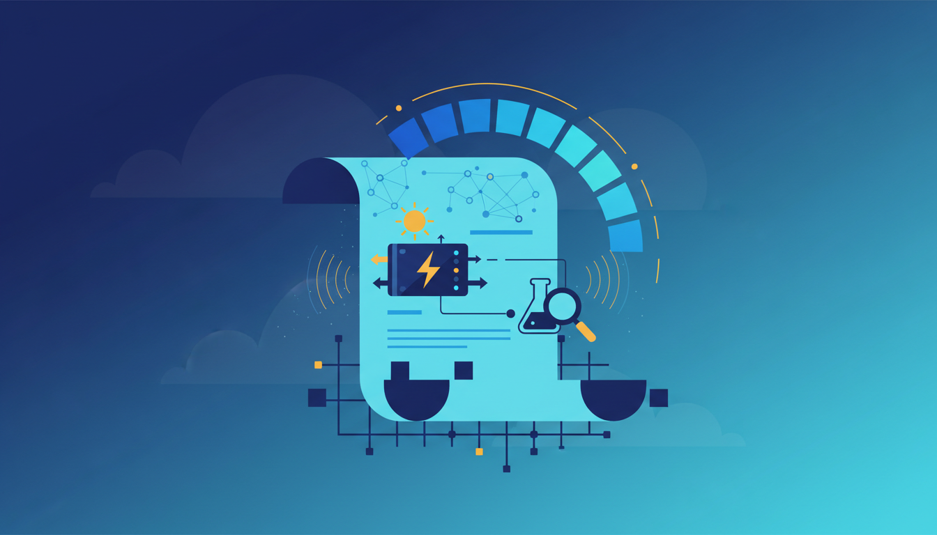 A conceptual illustration featuring a stylized document with various icons representing power, testing, and network connections, set against a blue background with subtle cloud and radio wave motifs.