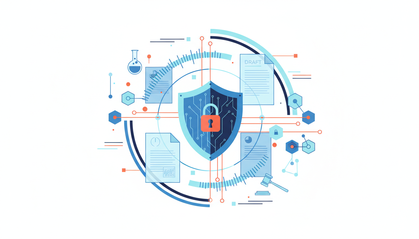 An illustration featuring a central shield icon with a padlock, symbolizing cybersecurity and protection. Surrounding the shield are various elements representing regulation and communication: stylized documents, a gavel, network connections, and subtle radio wave patterns. The color palette consists of navy, blue, cyan, and warm orange accents.