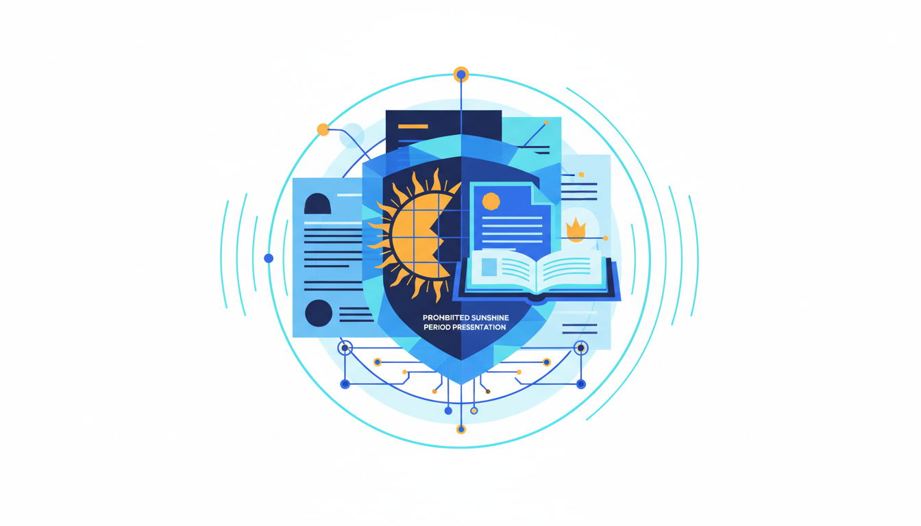 An illustration depicting a stylized shield with a sun icon, surrounded by abstract representations of documents, network lines, and subtle radio waves, all in a palette of navy, blue, cyan, and warm signal accents.