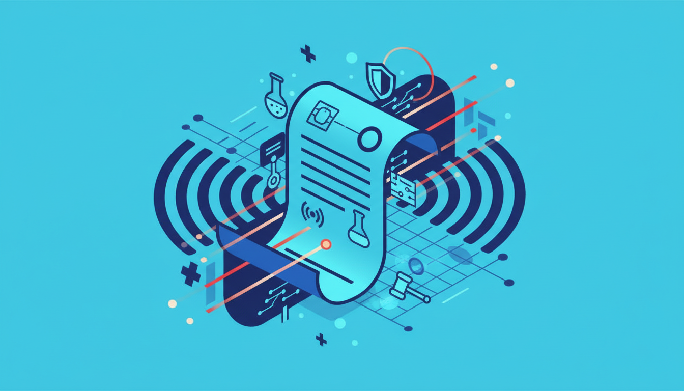 An isometric illustration in shades of blue and cyan, with warm orange accents, depicts a stylized document unfurling from the center. The document is adorned with subtle icons representing radio waves, a flask, and a shield, suggesting themes of technology, testing, and security. Surrounding the document are interconnected lines and nodes, forming a network-like pattern, along with abstract representations of radio waves emanating outwards. Other small, conceptual icons like a gavel and a grid pattern are interspersed, hinting at regulation and structure. The overall aesthetic is clean and conceptual, avoiding specific devices or text.