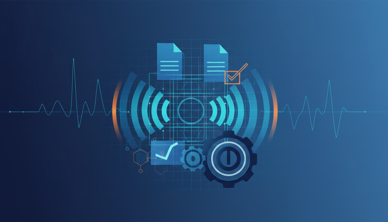 A clean, conceptual illustration in shades of navy, blue, and cyan, with warm orange accents. In the center, two stylized document icons float above a network of interconnected nodes and lines. One document has a checkmark, the other an 'X'. Behind them, subtle radio waves emanate from a central circle. A stylized gear and a hexagonal network motif are also present. The background features a subtle grid pattern and a waveform graph stretching across the top and bottom, all in varying shades of blue and orange.