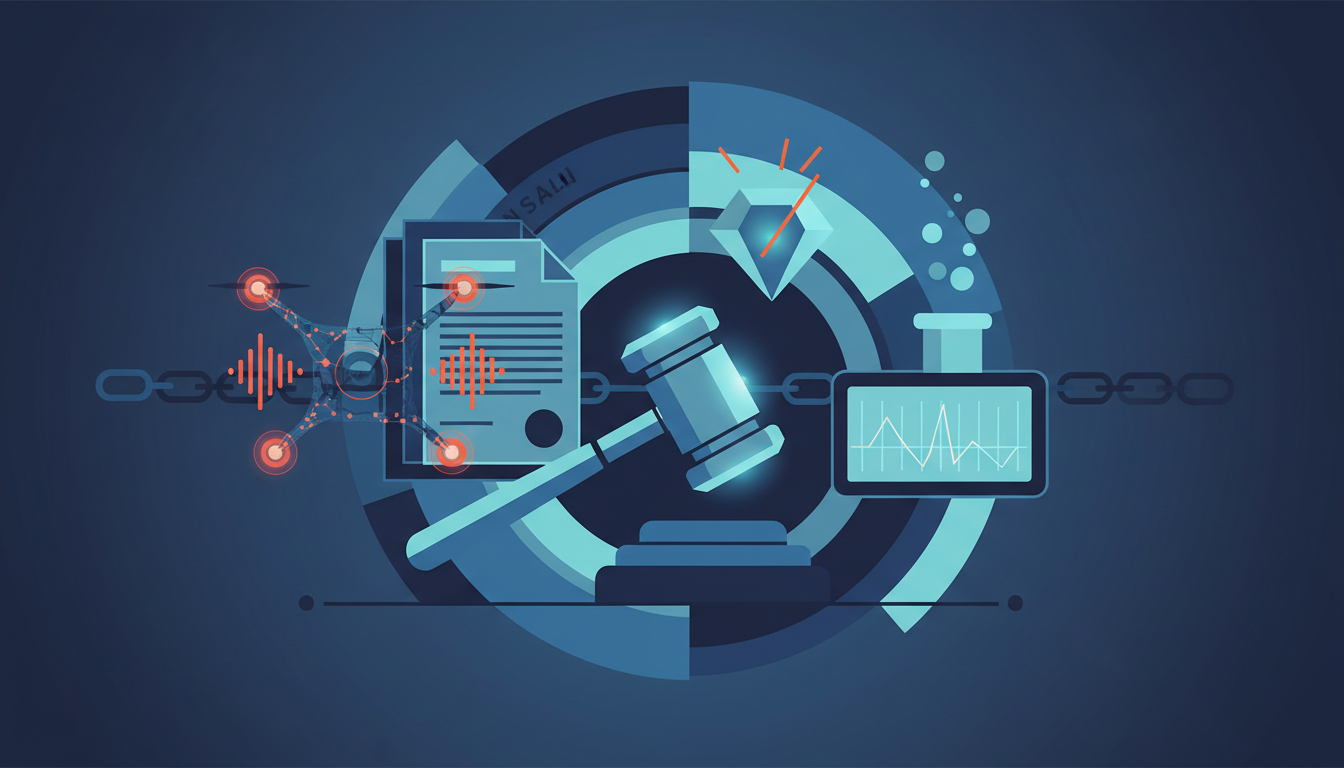 Here's an illustration for your FCC regulatory article: A stylized illustration in shades of navy, blue, and cyan with warm orange accents. A central gavel rests on a sound block, flanked by a legal document on the left and a screen displaying a waveform graph on the right. Behind these elements, circular and angular shapes suggest a network or spectrum. On the far left, a drone-like icon is connected by dotted lines to a sound wave graphic, implying communication or signal. On the far right, a beaker with a test tube also displays a waveform, suggesting laboratory or compliance. Chains extend from either side of the central composition, and a sparkling diamond shape is visible in the upper right quadrant.
