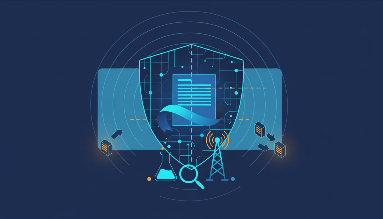 A conceptual illustration featuring a central shield-like shape, symbolizing regulation and protection. Inside the shield, there's a stylized document representing FCC regulations. Surrounding the document are interconnected lines and nodes, suggesting networks and data flow. Below the document, a radio tower emits subtle radio waves, and a magnifying glass and a beaker hint at examination and laboratory work. Warm orange accents highlight elements like data packets moving between servers on the sides, and dashed lines indicating connections or restrictions. The overall color scheme is dominated by navy, blue, and cyan, creating a professional and technical feel.