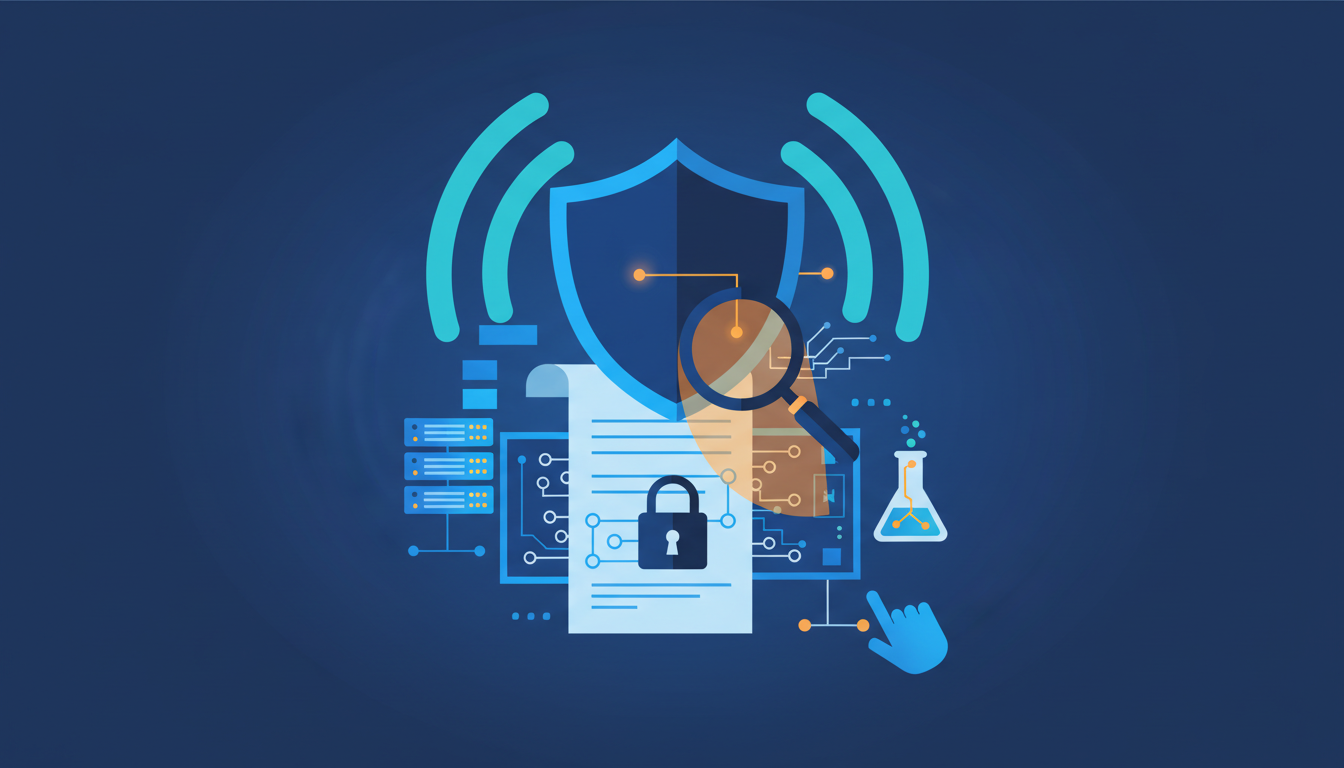 Here is an editorial illustration for the FCC regulatory article.

An illustration depicting a digital shield with radio waves emanating from it, symbolizing protection and regulation. In front of the shield is a document with a padlock, representing compliance and security. Surrounding these elements are subtle motifs of network servers, a magnifying glass, and a flask, suggesting investigation, laboratory testing, and the digital environment. The color scheme is dominated by navy and blue, with accents of cyan and warm signal colors.