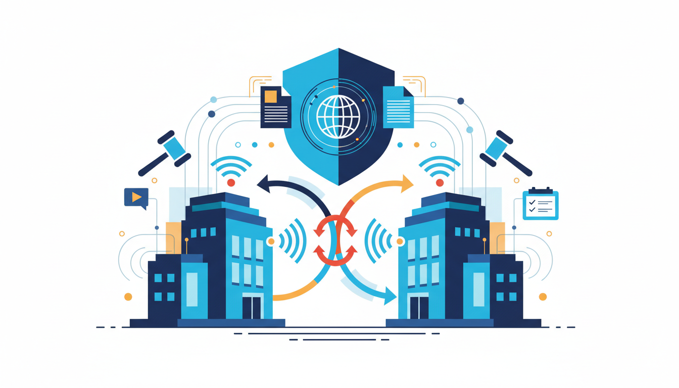 An illustration depicting two stylized laboratory buildings facing each other, connected by arrows symbolizing reciprocity and data exchange. Above them, a central shield with a globe icon represents security and global standards. Surrounding elements include subtle radio wave motifs, legal gavels, and document icons, all rendered in a clean, conceptual style with a color palette of navy, blue, cyan, and warm signal accents.