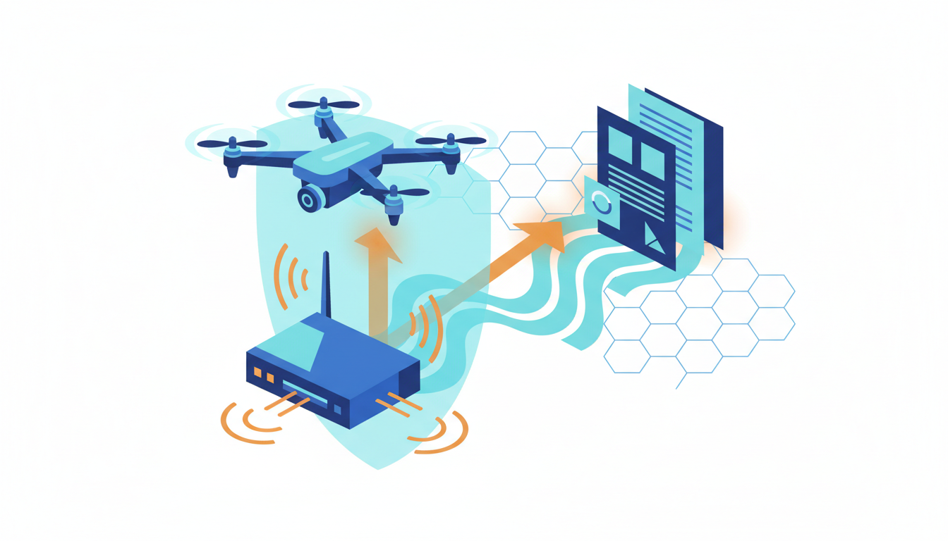 Here's an editorial illustration for your FCC regulatory article:

An illustration featuring a drone and a router, with subtle radio wave and document motifs, in shades of navy, blue, cyan, and warm signal accents.