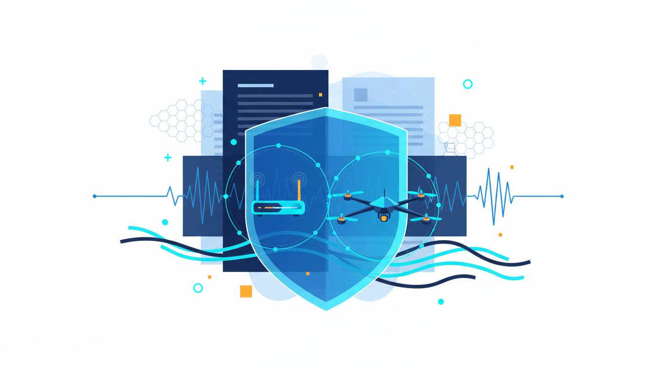 Here is an editorial illustration for your FCC regulatory article: An illustration featuring a central blue shield, symbolizing protection and regulation. Inside the shield, a router with Wi-Fi signals and a drone are depicted, representing the devices mentioned in the article. Surrounding the shield are subtle motifs: abstract radio waves, network lines, and stylized document outlines, all in a color palette of navy, blue, cyan, and warm signal accents. The overall image conveys a sense of compliance and technological oversight without being alarmist.