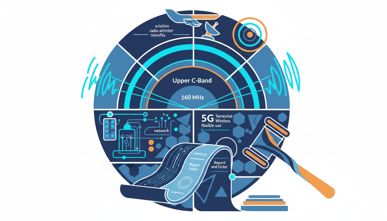 An editorial illustration depicting the reallocation of 160 MHz in the Upper C-Band for 5G terrestrial wireless flexible use. The illustration features a central circular motif representing the C-Band spectrum, with radio waves emanating outwards. Surrounding elements include a stylized airplane and radar dish to symbolize aviation radio altimeter retrofits, a network of interconnected devices for 5G terrestrial wireless, and a gavel striking a document labeled "Report and Order" to represent the FCC's regulatory action. The color palette is dominated by navy, blue, and cyan, with warm orange accents.