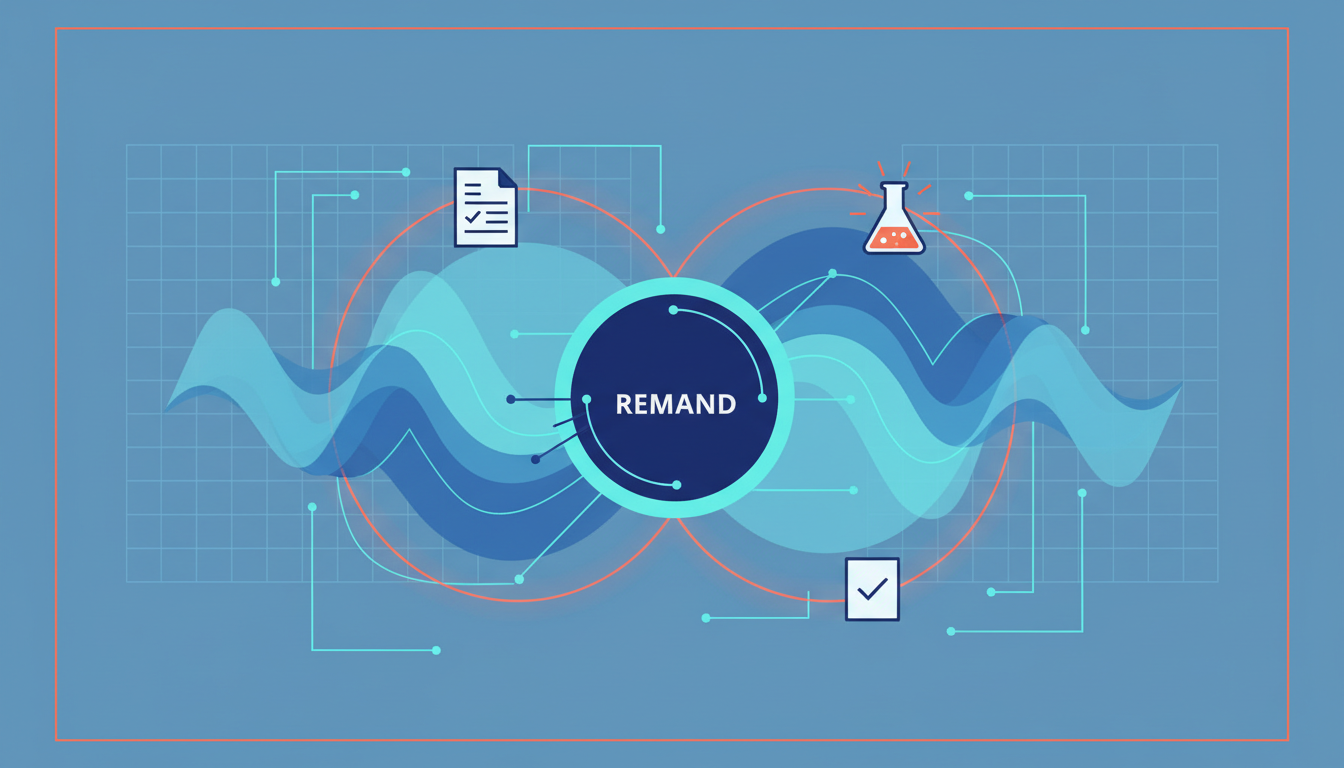 Here's an illustration for your article: A conceptual illustration in navy, blue, and cyan with warm orange accents. A central dark blue circle with the word "REMAND" in white text is surrounded by two overlapping, flowing wave patterns in lighter blues, suggesting radio waves or spectrum. A subtle grid pattern overlays the background. Connected to the central circle and waves by thin lines are four icons: a document with lines, a flask with bubbling liquid, a document with a checkmark, and a network-like symbol. The overall image conveys a process of review and scientific inquiry related to a regulatory issue.