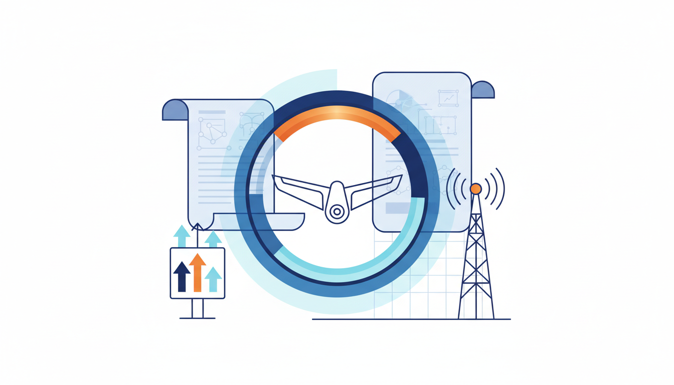 Here's an illustration for your article: A stylized illustration featuring a drone in the center, encircled by a regulatory dial. On either side are documents with abstract charts and graphs, suggesting compliance and guidance. A signal tower with radiating waves is on the right, and a sign with upward-pointing arrows is on the left, indicating updates or changes. The color palette is primarily navy, blue, and cyan, with warm orange accents.