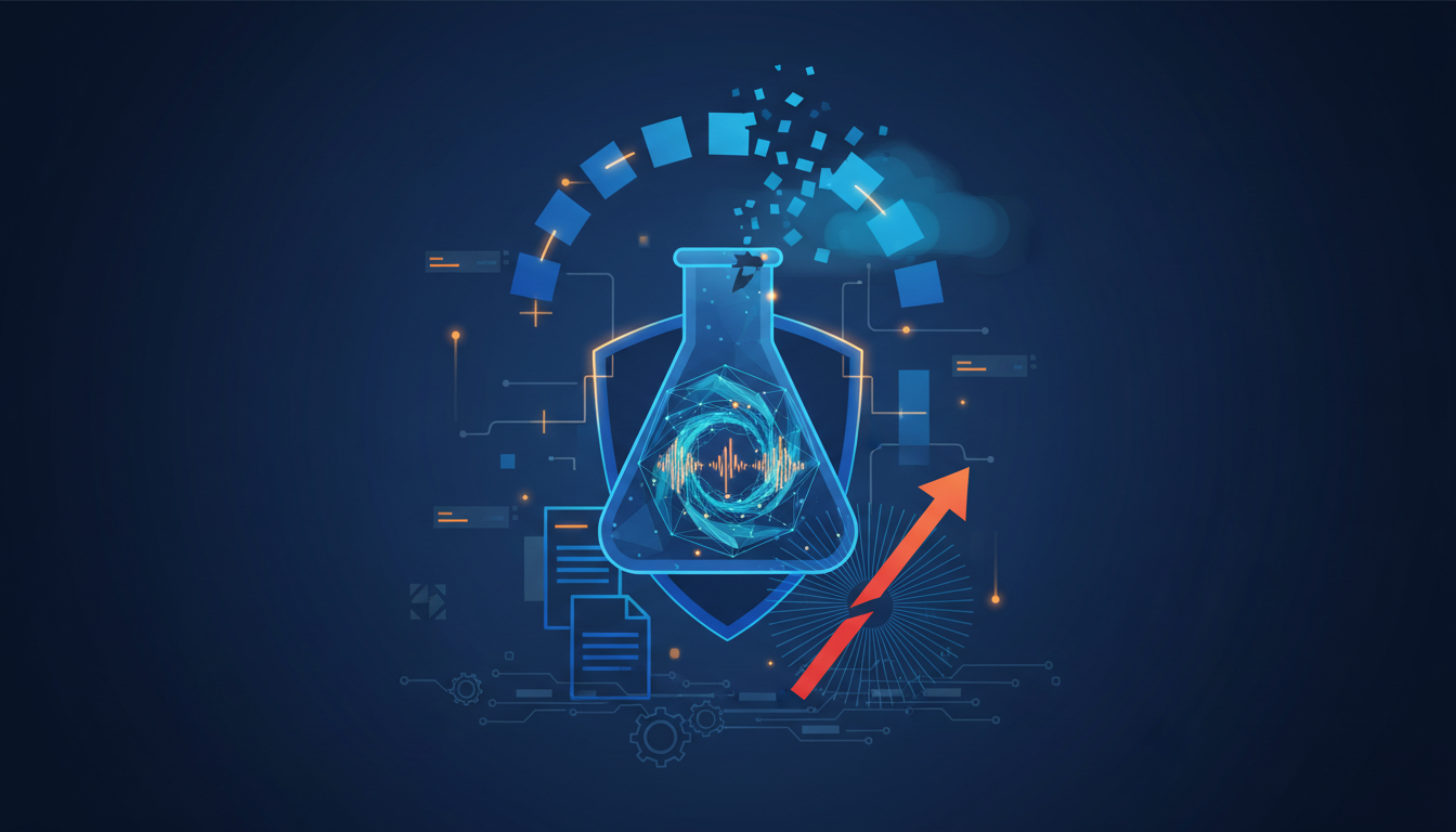 A stylized digital illustration on a dark blue background. In the center, a glowing blue conical flask contains a pulsating waveform, representing testing and signals. Behind it, a shield icon symbolizes security and regulation. To the right, an orange arrow points upwards, suggesting a withdrawal or removal. Surrounding elements include abstract geometric shapes, lines, and subtle cloud-like forms, hinting at data, networks, and the FCC's regulatory oversight. The overall color palette is dominated by blues, with accents of orange and cyan.